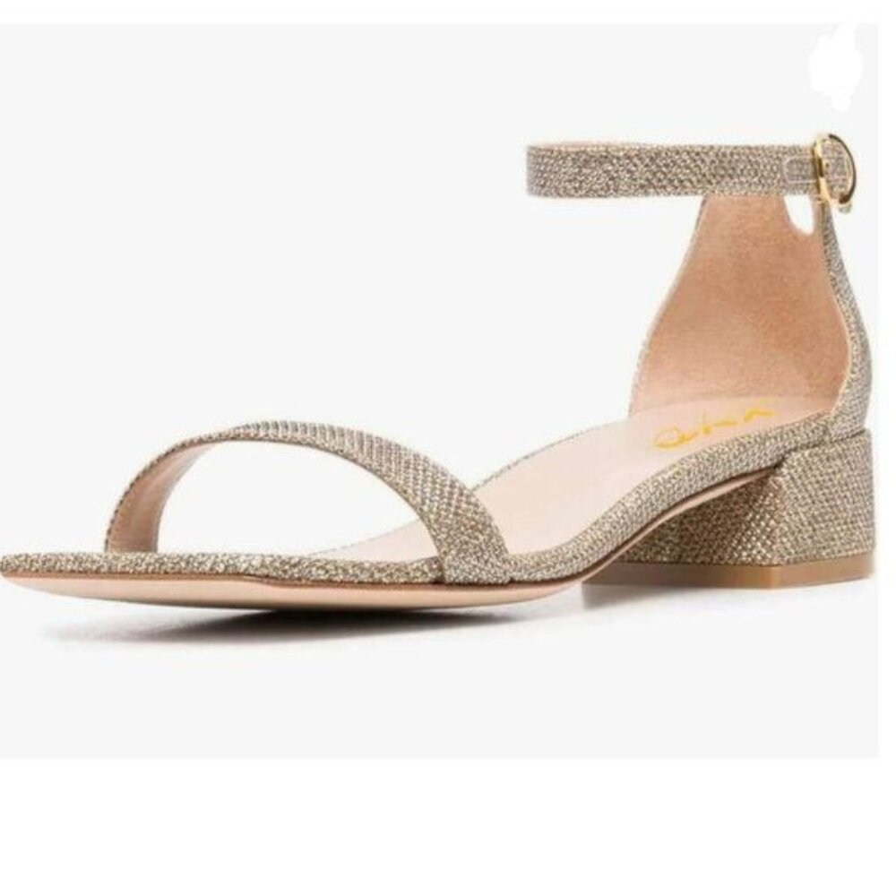 XYD Tan Glitter Open Toe Ankle Strap Buckled Low Chunky Heel Wedding Sandal